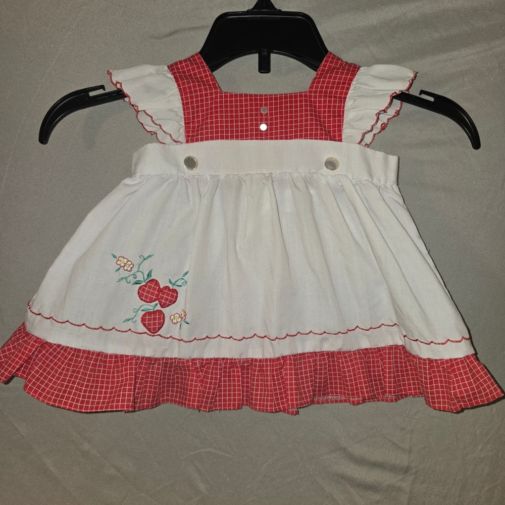 Vintage Baby Girl Strawberry Pinafore Dress 6-9M Red White Gingham Embroidered